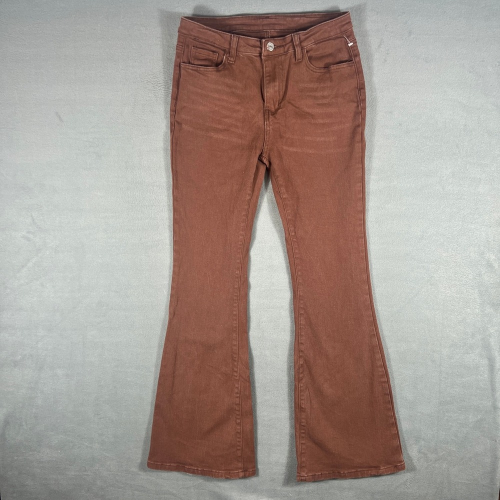 SHEIN Women Jeans L 8/10 Brown Solid Flare Leg Full Length High Rise Bell Bottom